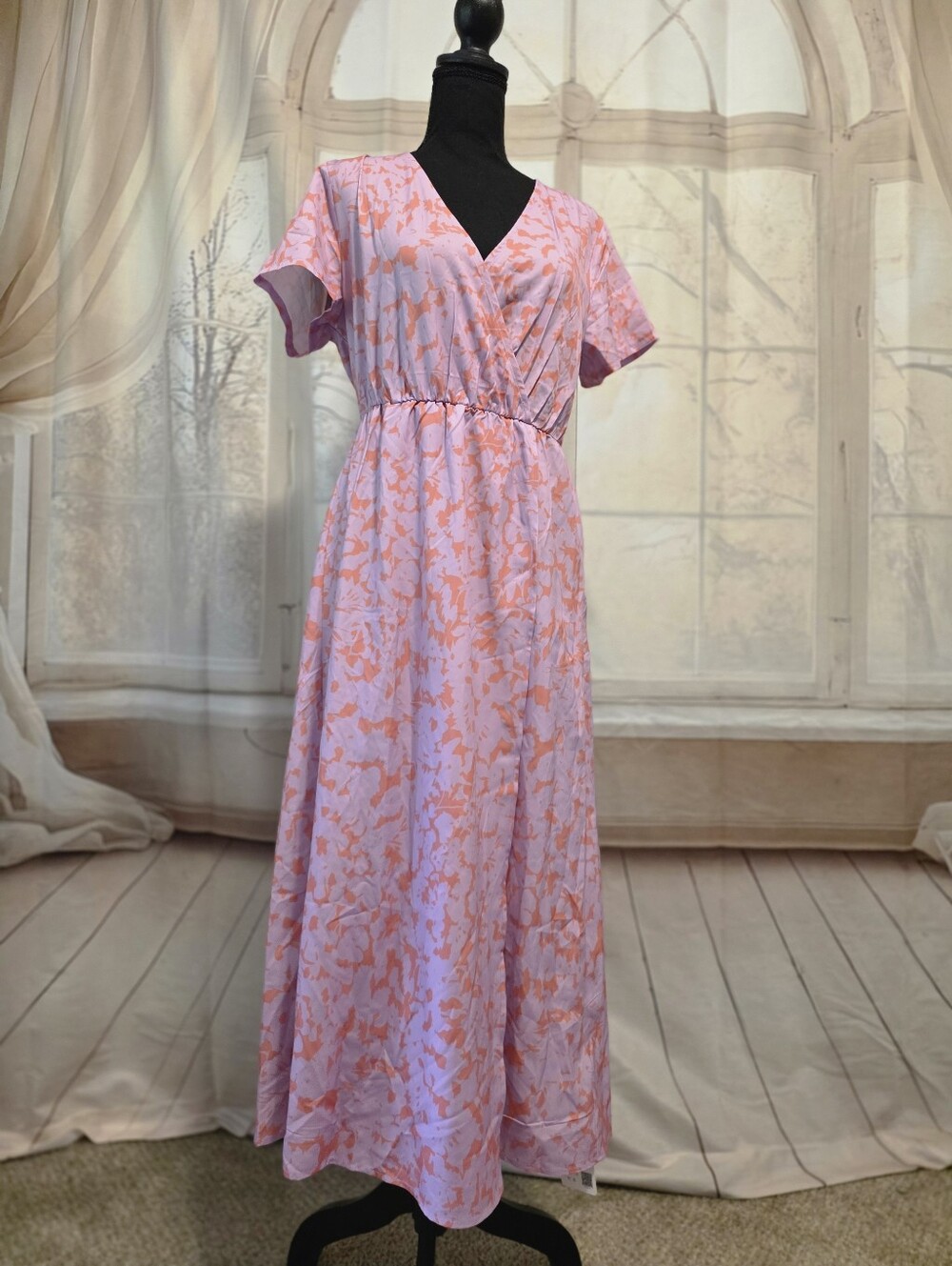 Wrap-Style Pink Floral Maxi Dress